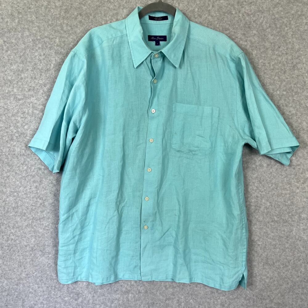 Alan Flusser Linen Button Up Shirt Size L Turquoise Short Sleeve Beach Summer